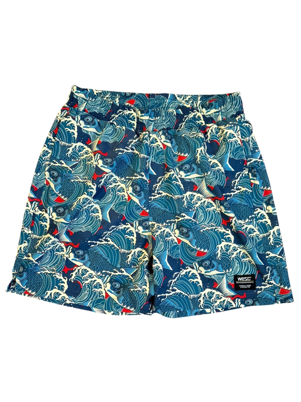 WESC Austin Koi Fish Print Unisex Pull-On Woven Shorts Teal Blue Mens M Womens L